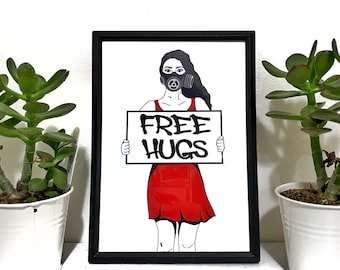Free Hugs Kunstdruck 13x21 Gasmaske Mädchen Druck
