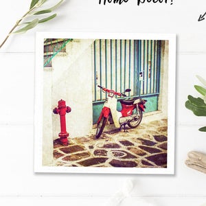 Greece printable photography, motorcycle, vintage wall decor, vintage travel prints, instant printable, aqua red digital download, square image 1