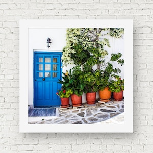 Blue door photography art prints, Greece wall art print, square art, Greek decor, prints of doors, travel wall print, door wall decor, Paros