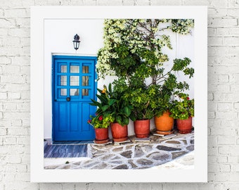 Blue door photography art prints, Greece wall art print, square art, Greek decor, prints of doors, travel wall print, door wall decor, Paros