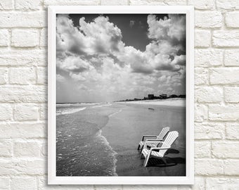Ocean photography, black and white prints, printable photos, beach photography digital download, beach chair, St. Augustine, Florida print
