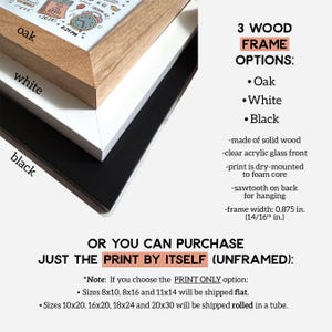 May include: Three wood frames in oak, white, and black, with a print inside. The frames are made of solid wood with a clear acrylic glass front. The print is dry-mounted to foam core and has a sawtooth on the back for hanging. The frame width is 0.875 inches (14/16th inch). You can also purchase the print by itself, unframed. Sizes 8x10, 8x16, and 11x14 will be shipped flat. Sizes 10x20, 16x20, 18x24, and 20x30 will be shipped rolled in a tube.