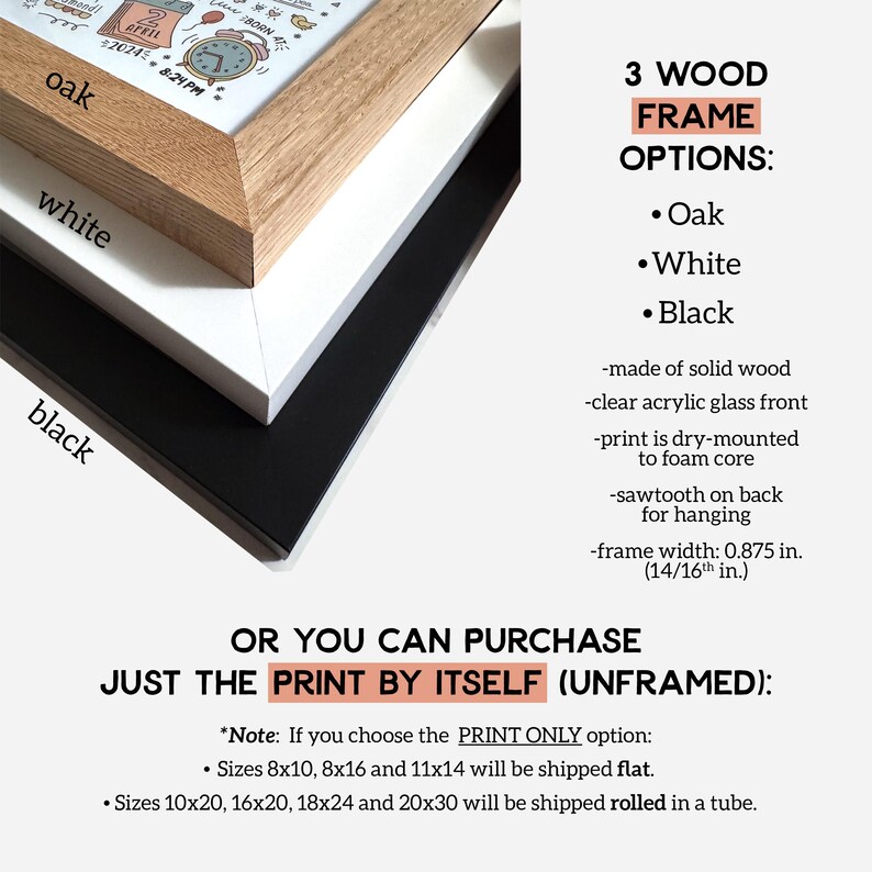 May include: Three wood frames in oak, white, and black, with a print inside. The frames are made of solid wood with a clear acrylic glass front. The print is dry-mounted to foam core and has a sawtooth on the back for hanging. The frame width is 0.875 inches (14/16th inch). You can also purchase the print by itself, unframed. Sizes 8x10, 8x16, and 11x14 will be shipped flat. Sizes 10x20, 16x20, 18x24, and 20x30 will be shipped rolled in a tube.