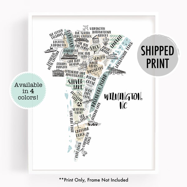 Watercolor city map print of Wilmington NC, hand drawn illustrated map of Wilmington North Carolina