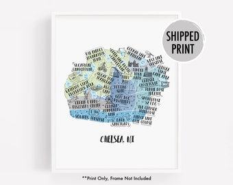 Watercolor city map print of Chelsea MI, hand drawn illustrated map of Chelsea Michigan