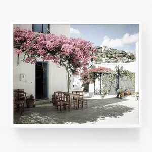 Greece photography, travel print, bathroom art, Paros Greece print, Greek islands, Europe photography, Mediterranean decor, pink flowers