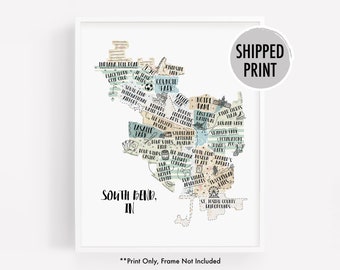 Watercolor city map print of South Bend IN, hand drawn illustrated map of South Bend Indiana