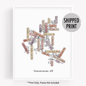 Watercolor street map print of Oconomowoc WI, hand drawn city map featuring the street names of Oconomowoc Wisconsin
