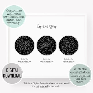 Mapa estelar triplo, download de aniversário, presente personalizado com mapa estelar de 3 estrelas para mãe, mapa estelar personalizado, presente para casamento, céu noturno de três noites por data