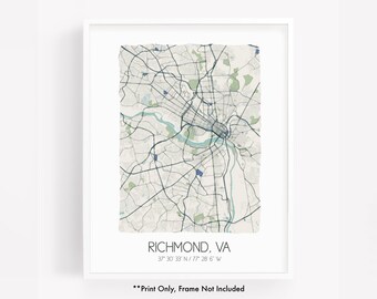May include: A black and white map print of Richmond, Virginia with the city's name and coordinates printed below the map. The map has a distressed, vintage look. The text below the map reads "Print Only, Frame Not Included".