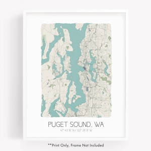 Puget Sound WA city map art print, hometown map poster, city map Washington, map wall art, watercolor map print