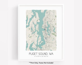 Puget Sound WA city map art print, hometown map poster, city map Washington, map wall art, watercolor map print