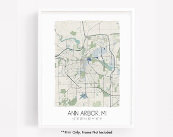 Ann Arbor MI city map art print, hometown map poster, city map Michigan, map wall art, watercolor map print