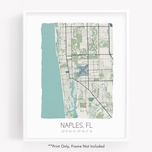 Naples FL city map art print, hometown map poster, city map Florida, map wall art, watercolor map print