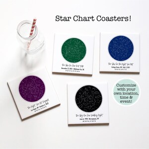 May include: Square white coasters with a star chart design. Each coaster features a different colored circle with a constellation map and text. The text reads "The Sky On Our First Date", "The Sky On The Night We Met", "The Night We Got Engaged", and "The Sky On Our Wedding Night".