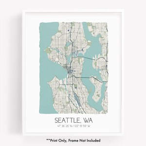 Seattle WA city map art print, hometown map poster, city map Washington, map wall art, watercolor map print