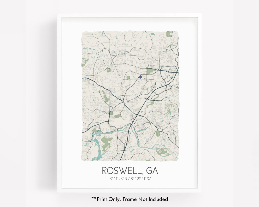 Roswell GA City Map Art Print, Hometown Map Poster, City Map Georgia ...