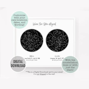 Double star map by date, personalized gift, custom star map, constellation print, night sky anniversary gift for him, two star map printable