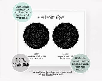 Carte des étoiles double par date, cadeau personnalisé, carte des étoiles personnalisée, impression de la constellation, cadeau d'anniversaire du ciel nocturne pour lui, carte des étoiles à deux étoiles imprimable