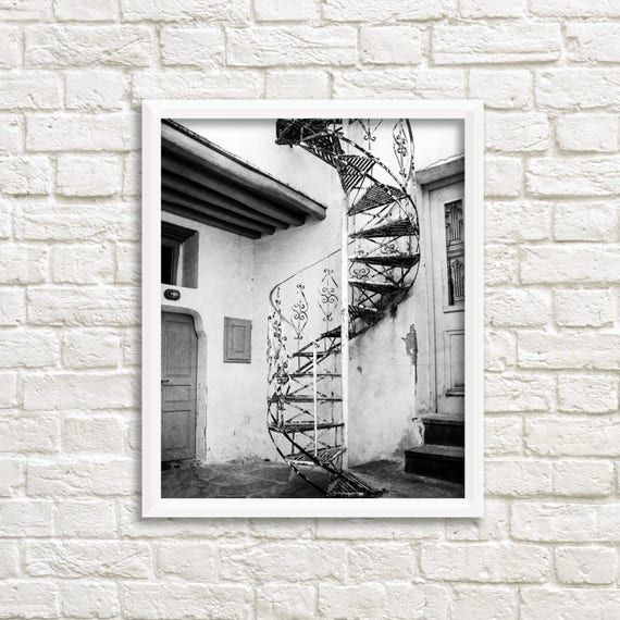 Black and white printable, black white art, digital download photography, printable photos, Greece print, instant download, spiral staircase