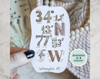 Coordinates sticker for laptops of Wilmington NC, waterproof city sticker for water bottles of Wilmington North Carolina