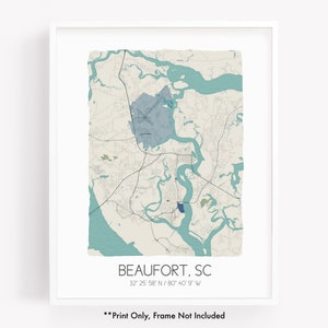 Beaufort SC city map art print, hometown map poster, city map South Carolina, map wall art, watercolor map print