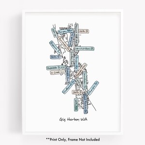 Watercolor street map print of Gig Harbor WA, hand drawn city map featuring the street names of Gig Harbor Washington