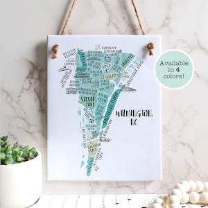 Hand drawn map wall hanging of Wilmington NC, watercolor illustrated map tile sign of the city of Wilmington North Carolina