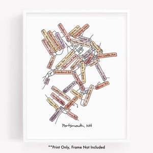 May include: A hand-drawn map of Portsmouth, New Hampshire, with street names in various shades of pink, orange, and purple. The map is surrounded by a white border and the text "Portsmouth, NH" is at the bottom.