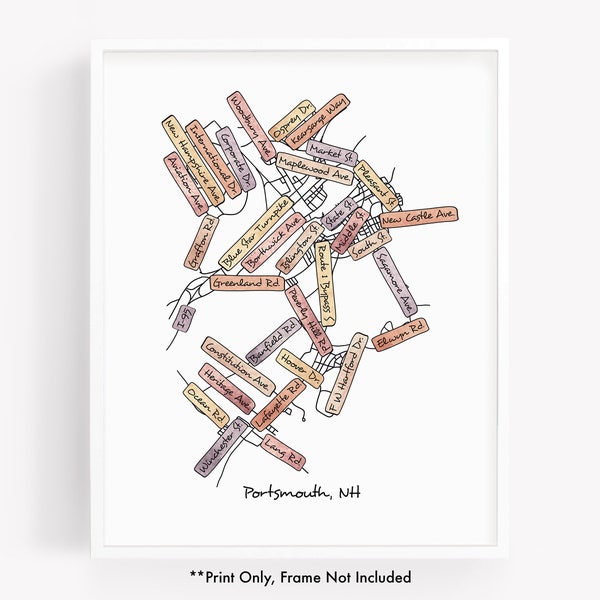 Watercolor street map print of Portsmouth NH, hand drawn city map featuring the street names of Portsmouth New Hampshire