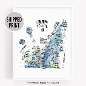 Watercolor city map print of Leelanau Couty MI, hand drawn illustrated map of Leelanau County Michigan