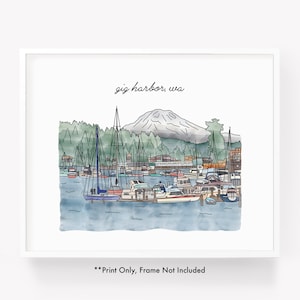 Skyline city print of Gig Harbor WA, watercolor cityscape illustration of Gig Harbor Washington