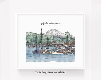 Skyline city print of Gig Harbor WA, watercolor cityscape illustration of Gig Harbor Washington