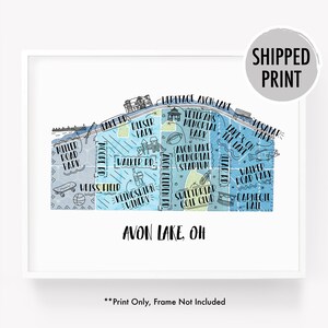 May include: A blue and green illustrated map of Avon Lake, Ohio. The map shows the location of various parks, landmarks, and businesses. The text "Avon Lake, Ohio" is printed at the bottom of the map.
