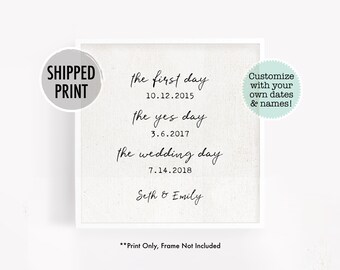 May include: A white canvas print with black text that reads "the first day 10.12.2015", "the yes day 3.6.2017", "the wedding day 7.14.2018", and "Seth & Emily". The print also includes the text "Customize with your own dates & names!" and "Print Only, Frame Not Included".