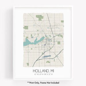 Holland MI city map art print, hometown map poster, city map Michigan, map wall art, watercolor map print