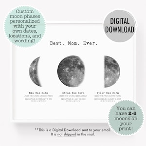 Regalo personalizado para mamá, póster de 3 fases lunares, luna imprimible personalizada, descarga de fase lunar personalizada, regalo único para esposa, luna de nacimiento