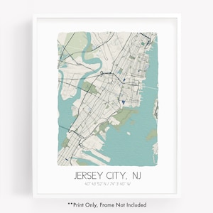 Jersey City NJ city map art print, hometown map poster, city map New Jersey, map wall art, watercolor map print