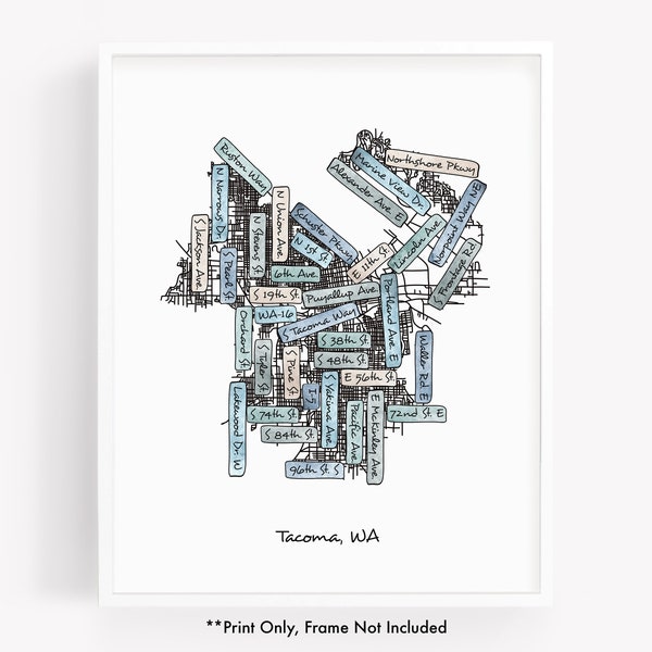 Watercolor street map print of Tacoma WA, hand drawn city map featuring the street names of Tacoma Washington