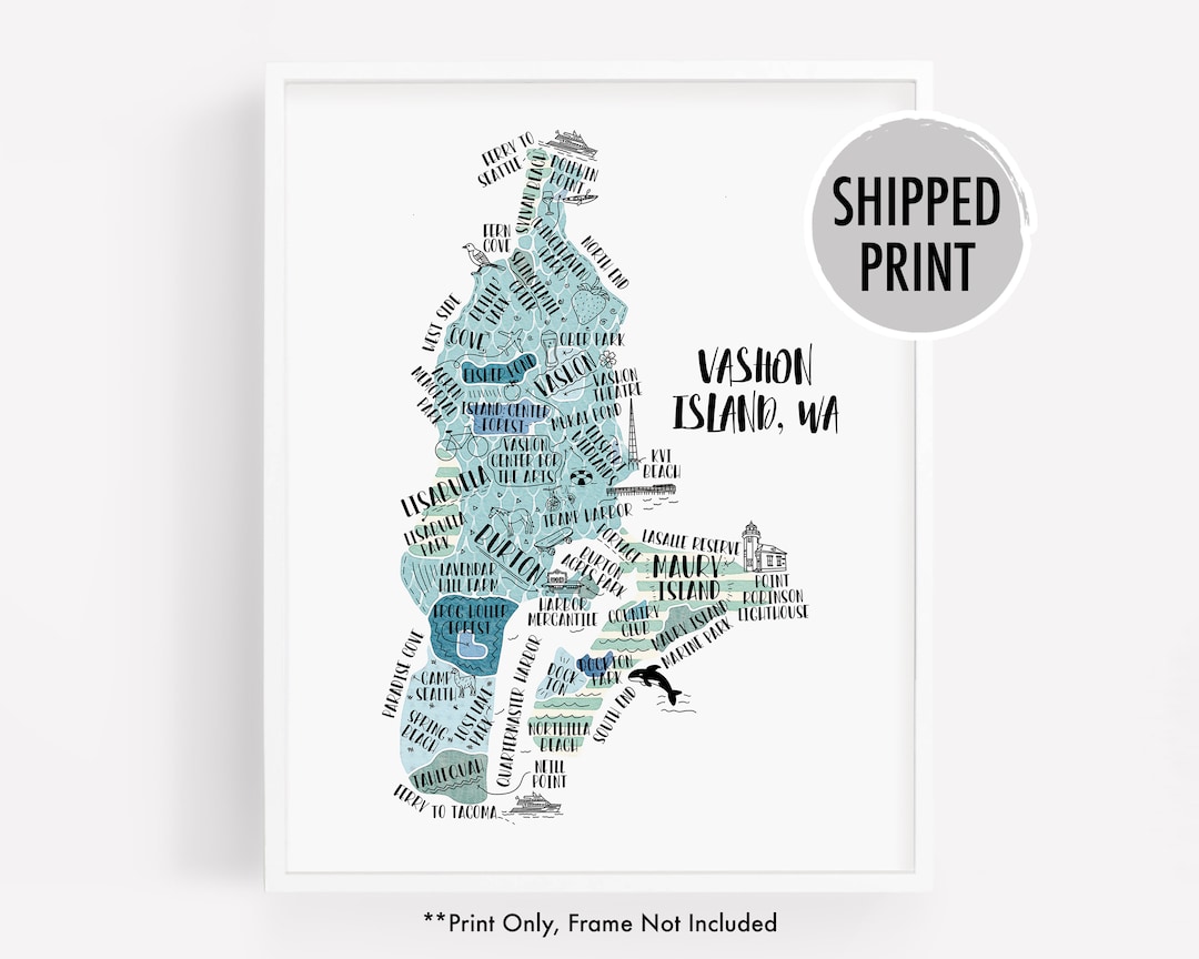 Watercolor City Map Print of Vashon Island WA, Hand Drawn Illustrated