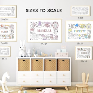 May include: A set of eight printable wall art prints featuring colorful illustrations of planets, stars, and other space-themed elements. The prints are available in various sizes, including 8x10 inches, 10x20 inches, 11x14 inches, 16x20 inches, 18x24 inches, and 20x30 inches. The prints are displayed on a white wall in a nursery setting.