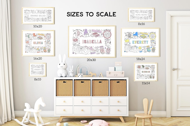 May include: A set of eight printable wall art prints featuring colorful illustrations of planets, stars, and other space-themed elements. The prints are available in various sizes, including 8x10 inches, 10x20 inches, 11x14 inches, 16x20 inches, 18x24 inches, and 20x30 inches. The prints are displayed on a white wall in a nursery setting.