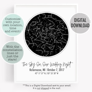 Constelación personalizada imprimible, descarga de mapa estelar personalizado, carta estelar personalizada, cielo nocturno, regalo personalizado para ella, impresión de estrellas personalizada