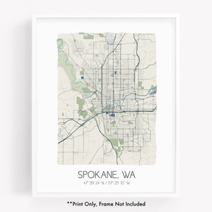 Spokane WA city map art print, hometown map poster, city map Washington, map wall art, watercolor map print