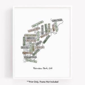 May include: A black and white line drawing of a map of Fairview Park, Ohio. The map shows the names of streets and roads in the area, including Center Ridge Road, Westwood Avenue, and Eaton Road.