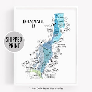 May include: A hand-drawn map of Narragansett, Rhode Island, with blue and green watercolor washes. The map highlights various landmarks and points of interest, including the Coast Guard House, the Wishing Well, and Roger Wheeler State Beach.