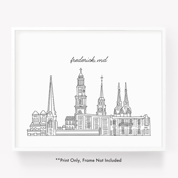 Skyline city print of Frederick MD, watercolor cityscape illustration of Frederick Maryland black and white line drawing