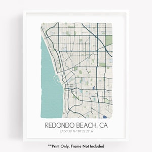 Redondo Beach CA city map art print, hometown map poster, city map California, map wall art, watercolor map print