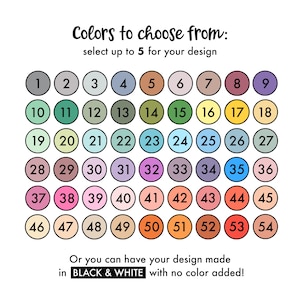 May include: A chart with 54 color swatches numbered 1 through 54. The chart is titled "Colors to choose from: select up to 5 for your design". Below the chart is the text "Or you can have your design made in BLACK & WHITE with no color added!"