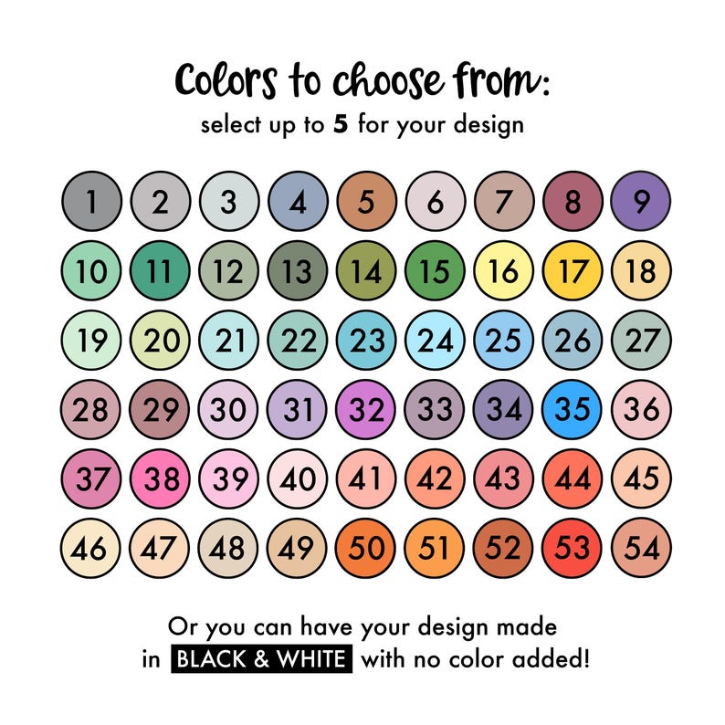 May include: A chart with 54 color swatches numbered 1 through 54. The chart is titled "Colors to choose from: select up to 5 for your design". Below the chart is the text "Or you can have your design made in BLACK & WHITE with no color added!"